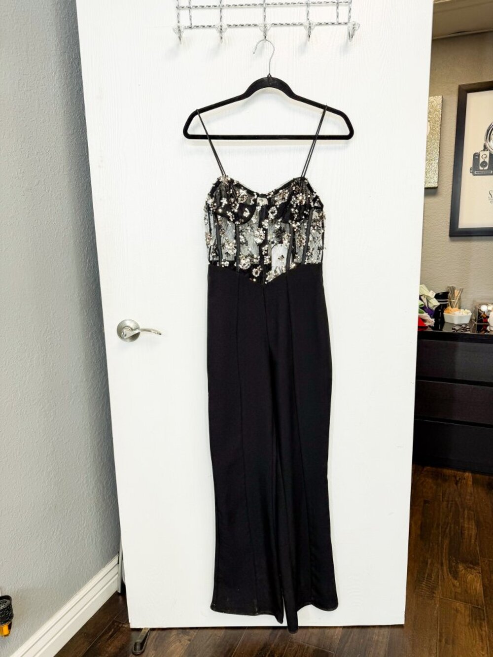 ZARA Festive Days Sequin Lace Corset Wide Leg Jumpsuit Black Size S NWT